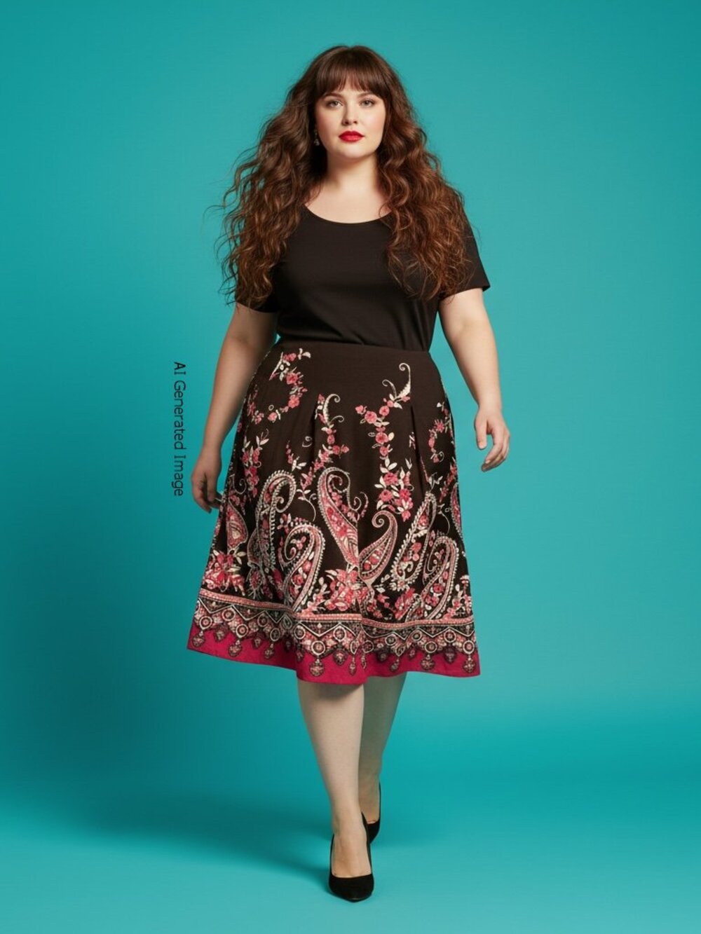 Vintage East 5th Brown Paisley Floral Midi Skirt Plus Size 14
